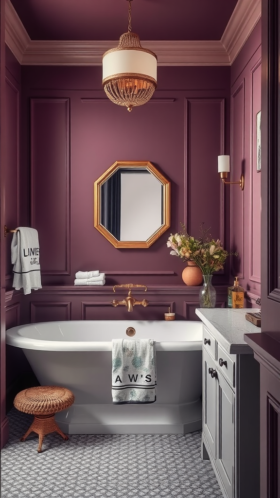 A stylish bathroom featuring dusty plum walls, a freestanding bathtub, and elegant decor.