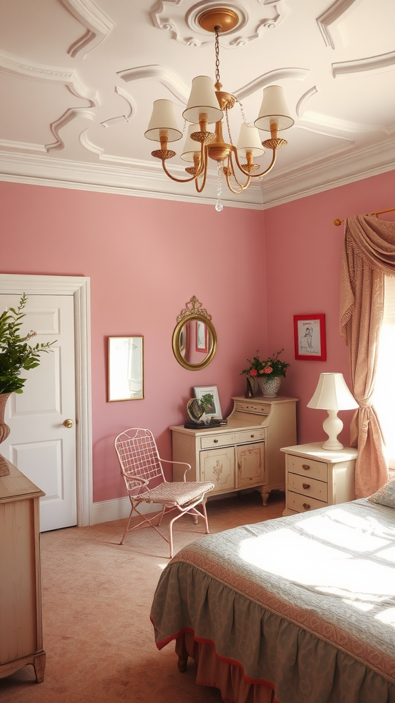 A romantic bedroom with dusty rose walls, vintage furniture, and soft lighting.