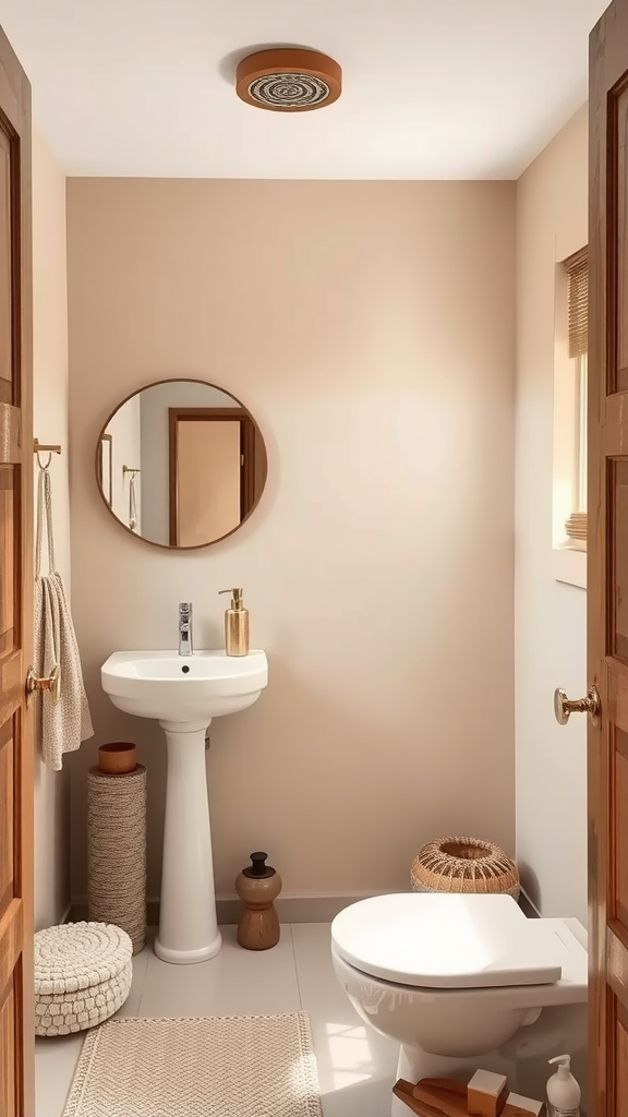 A stylish bathroom with earthy sand tones, featuring a round mirror, a white sink, and woven decor.