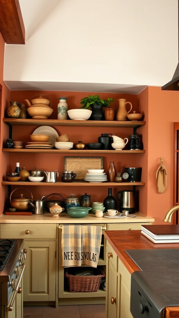 A rustic kitchen with terracotta walls and wooden shelves displaying various ceramic dishes and pots.