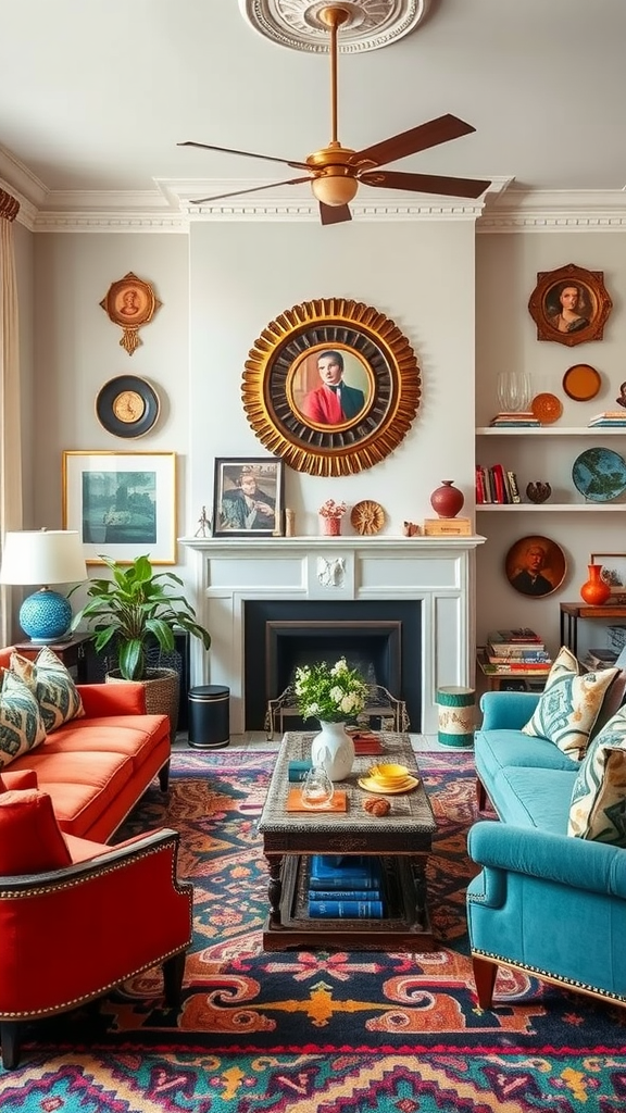 A cozy living room featuring colorful couches, eclectic wall art, a patterned rug, and a stylish coffee table.