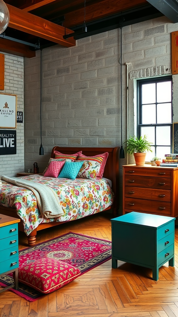 Cozy industrial bedroom featuring exposed brick walls, a floral quilted bed, and vibrant furniture.