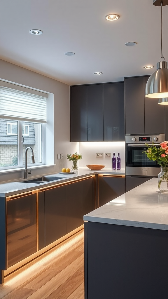 A modern kitchen featuring eco-friendly LED lighting under cabinets and a stylish design.