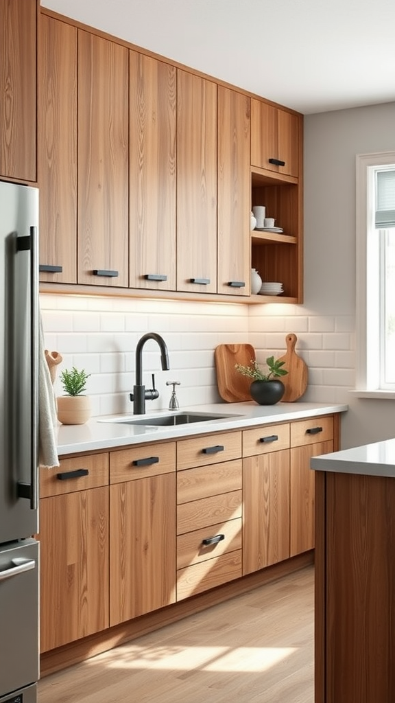 A modern kitchen with wooden cabinets and simple decor.