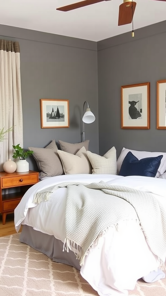 Cozy bedroom featuring Edgecomb Gray walls with decorative pillows and framed artwork.