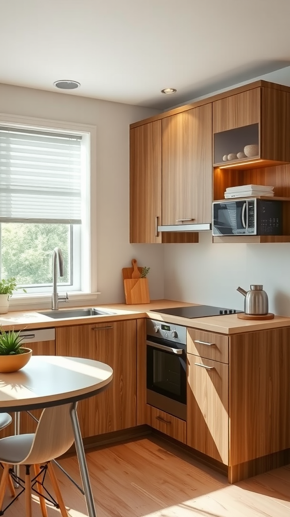 A modern kitchen with wooden cabinets and a small dining table, featuring an efficient layout.