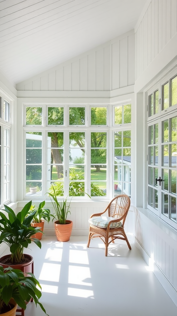 Bright sunroom with plants and a wicker chair