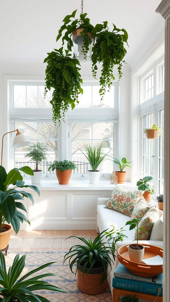 A bright room filled with various indoor plants and a cozy couch.