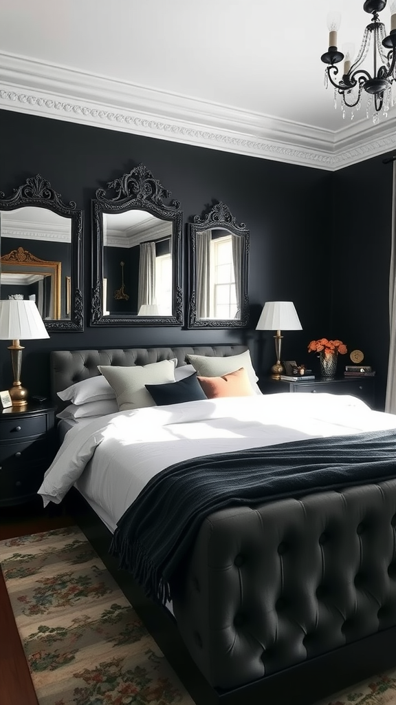 A stylish dark bedroom featuring tufted black bed, dark mirrors, and fluffy cushions.