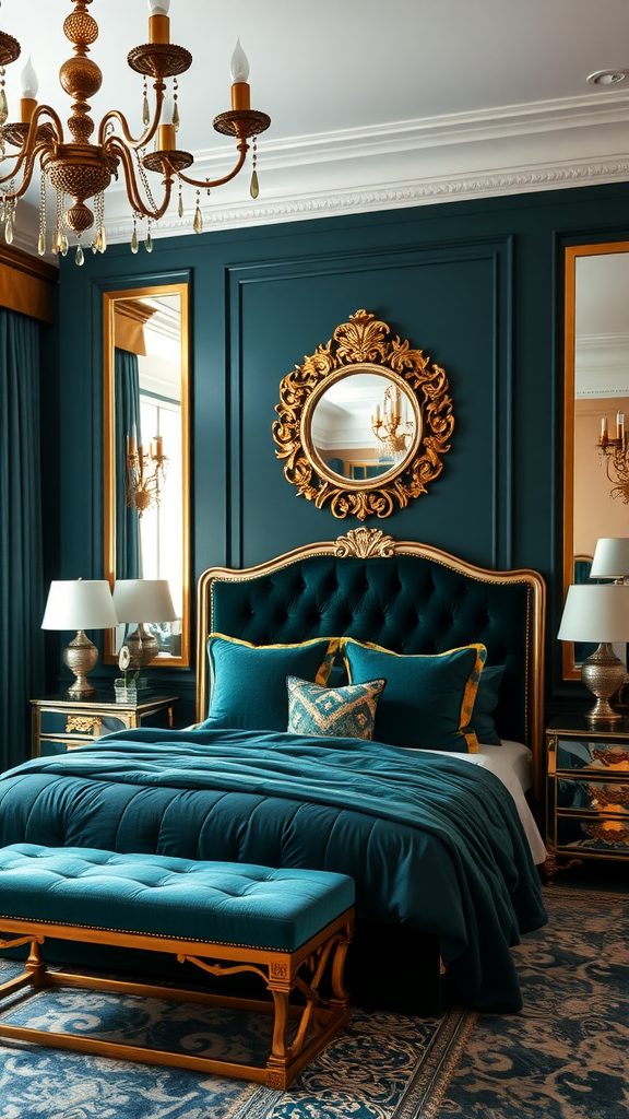 A luxurious bedroom featuring dark teal walls, gold accents, and elegant furnishings.