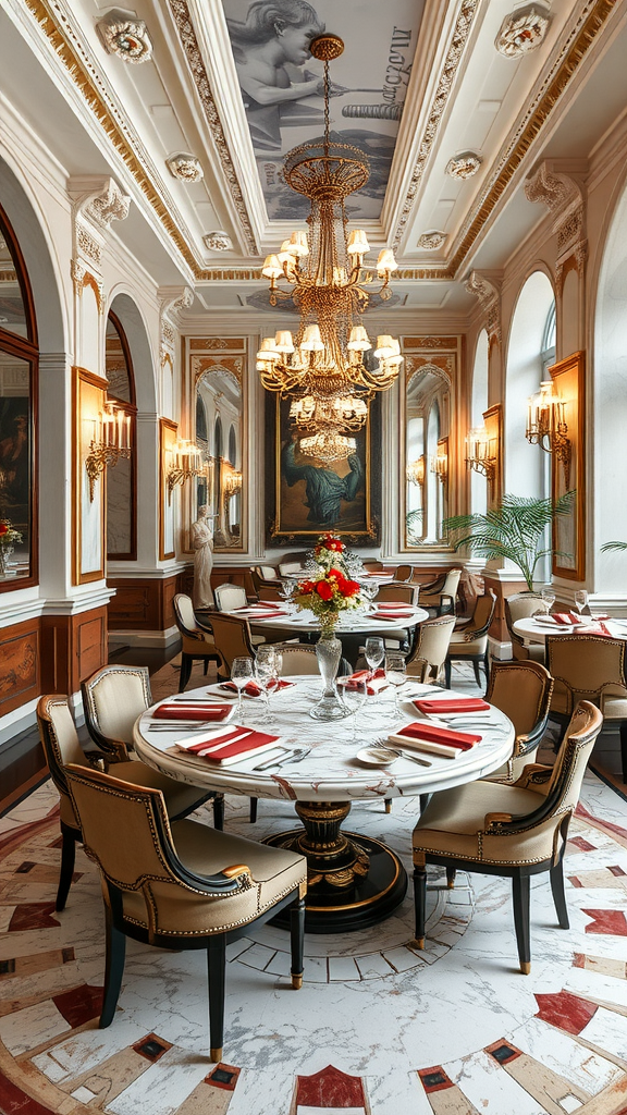 Elegant dining area with marble table and intricate decor.