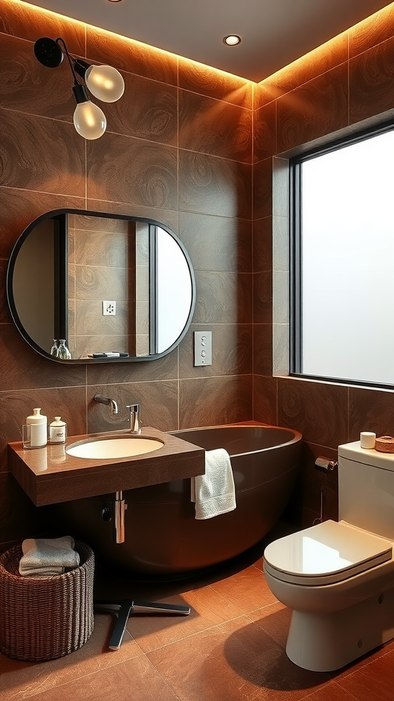 A modern bathroom featuring mocha brown tiles, a sleek bathtub, and stylish lighting.