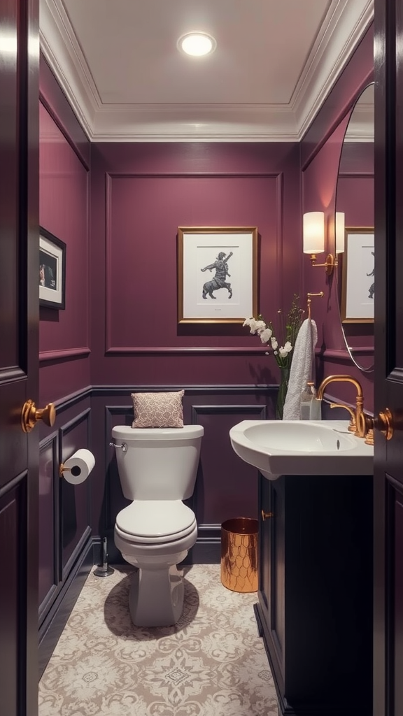 Cozy bathroom with plum walls and gold accents