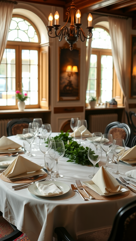 Elegant table setting with white tablecloth, glassware, and greenery