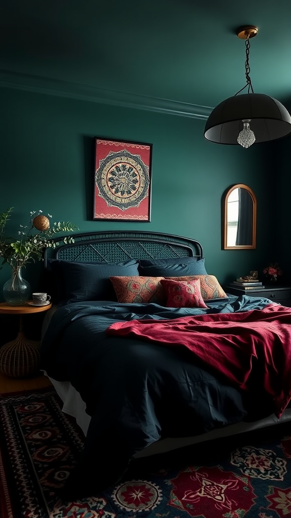 A dark boho bedroom featuring deep green walls, a cozy bed with red and patterned bedding, and warm lighting.