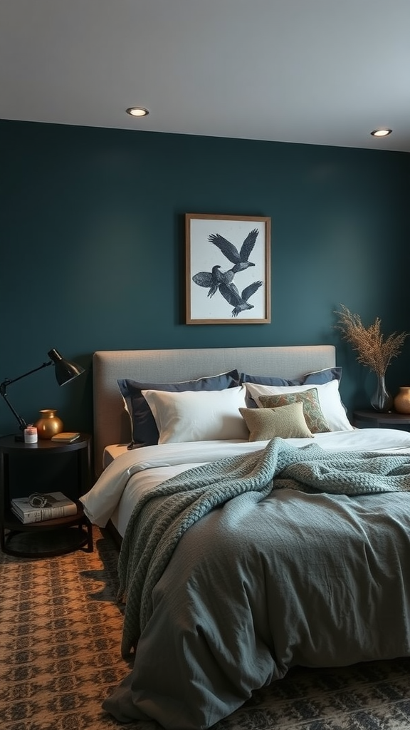 A cozy bedroom with dark teal walls and soft bedding.