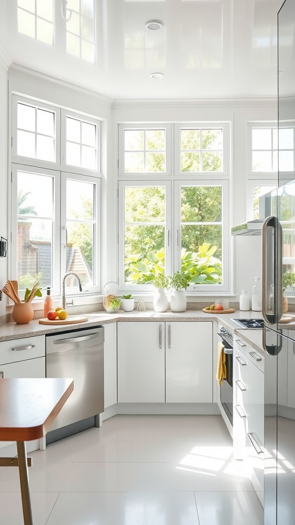 A bright kitchen with large windows, reflective surfaces, and a cozy setup.