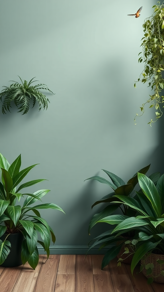 A serene setting featuring green plants against an evergreen fog wall.