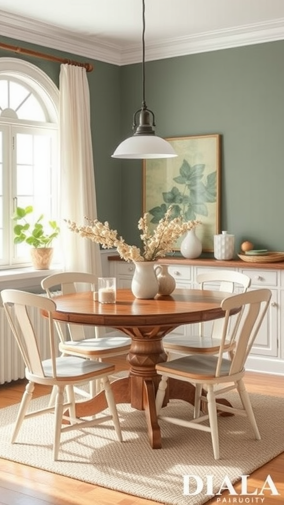 Cozy farmhouse dining area with a round wooden table, light-colored chairs, and soft green walls.