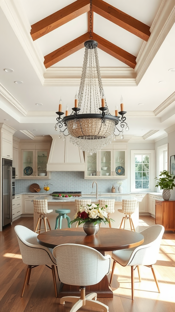 A stylish chandelier hanging in a modern kitchen with wooden beams and a cozy dining area.