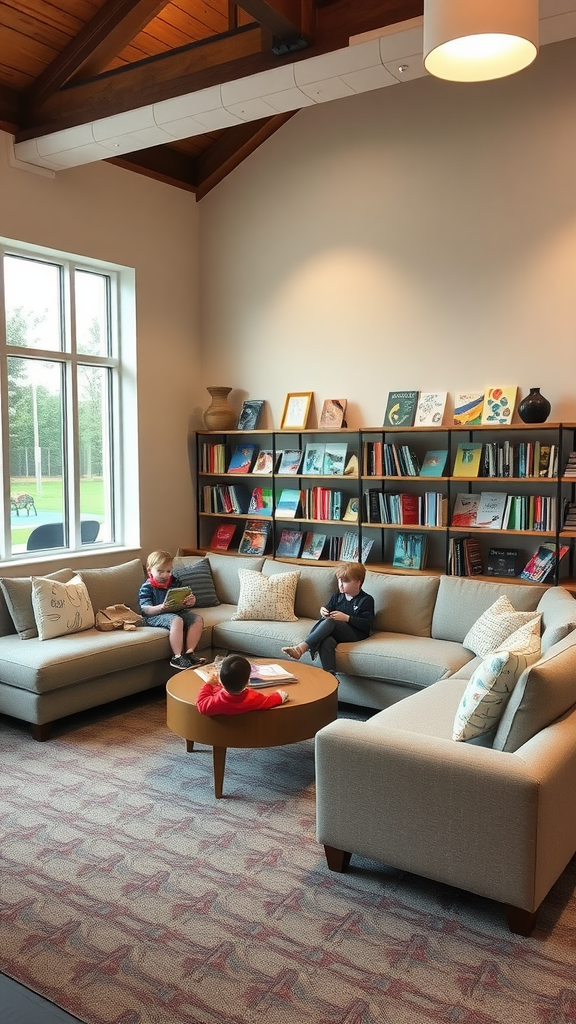 Cozy family reading space with children enjoying books on a couch.