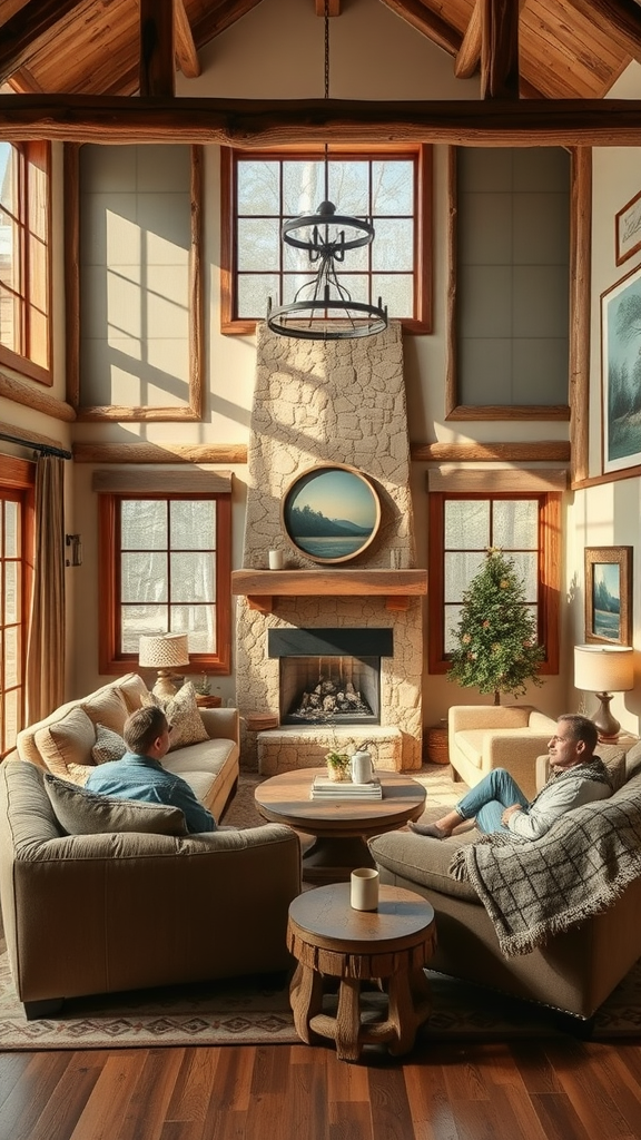 Cozy living room with large windows, wooden beams, and a stone fireplace, featuring two people seated comfortably.