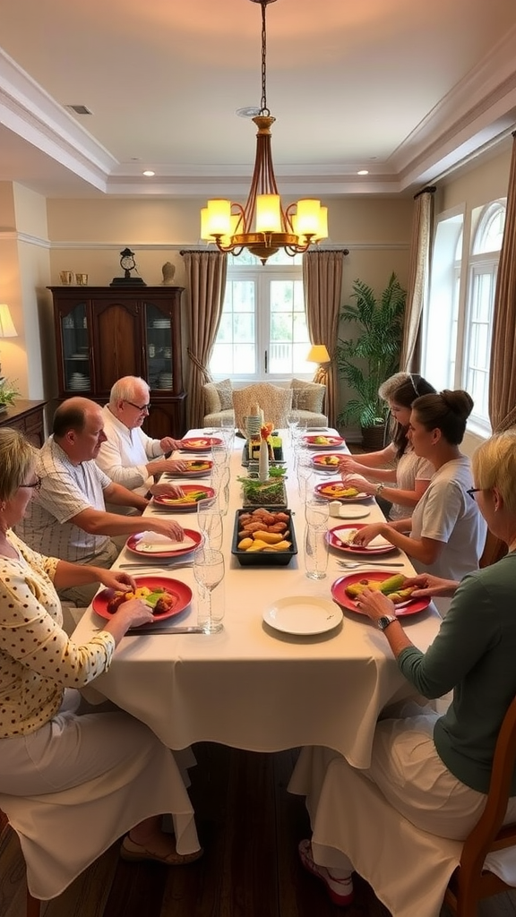 A family-style dining setup with a long table set for a meal, featuring a variety of dishes and glasses.