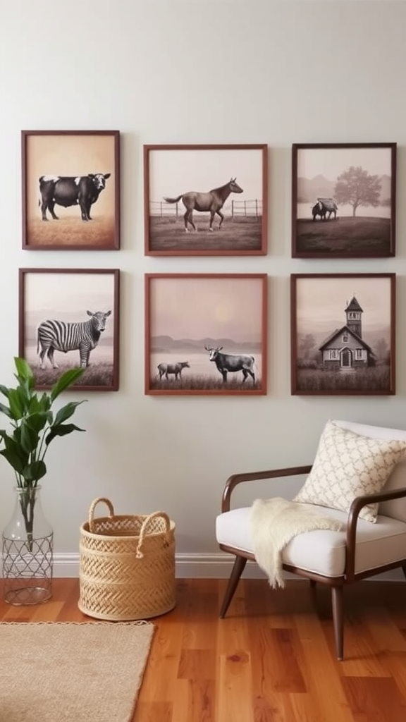 Farm-inspired wall art featuring framed portraits of animals and a farmhouse, with a cozy chair and plant in the room.