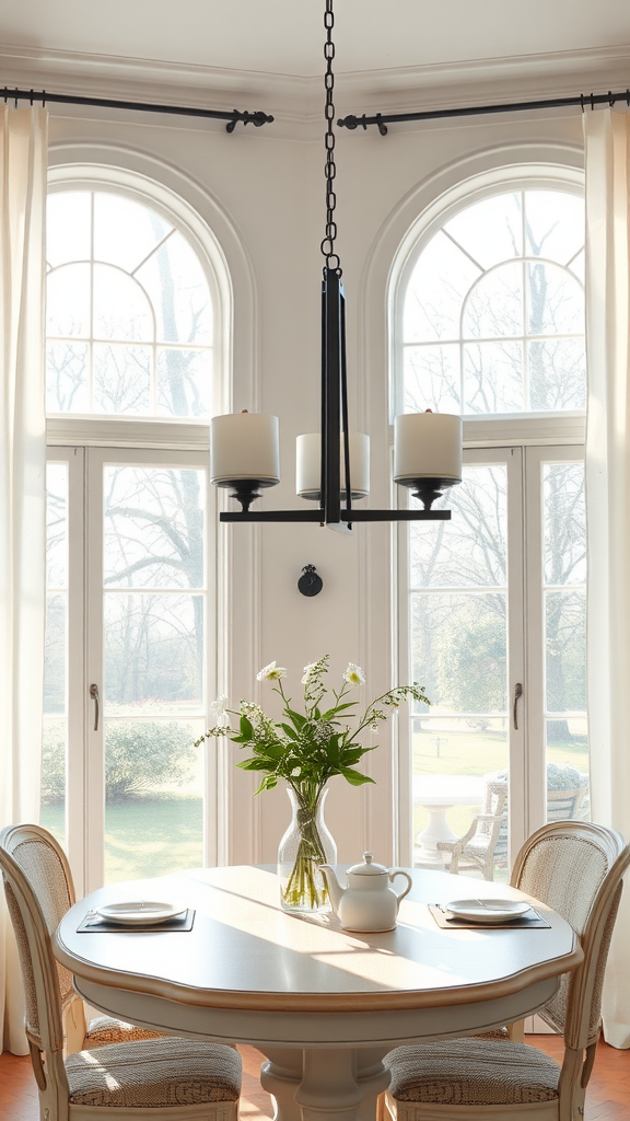 A cozy dining area with large windows and light curtains, showcasing farmhouse-style window treatments.