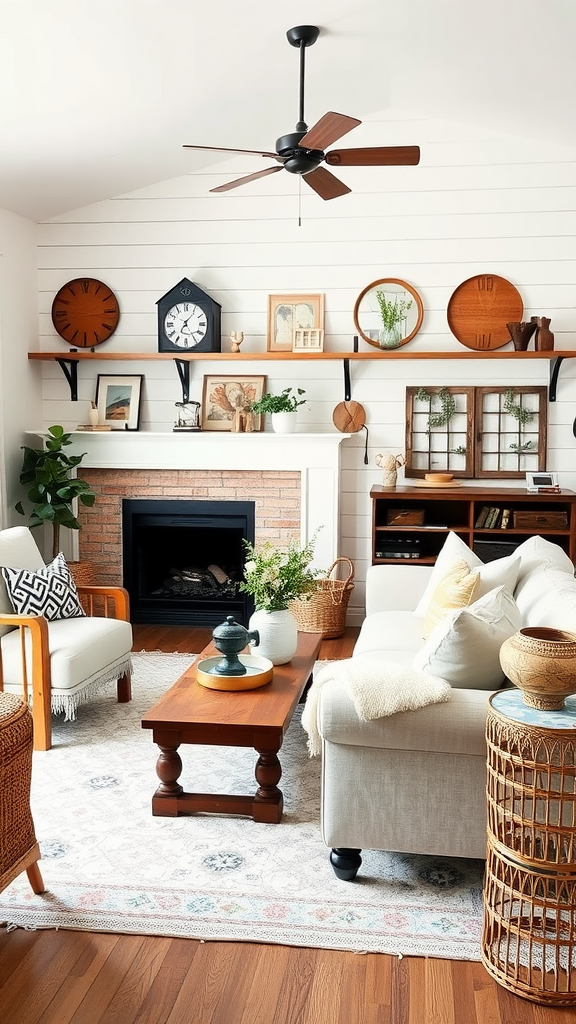 Cozy living room with shiplap walls, brick fireplace, and farmhouse-style decor.