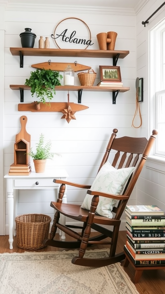 A cozy farmhouse-style reading corner with a rocking chair, decorative shelves, and plants.