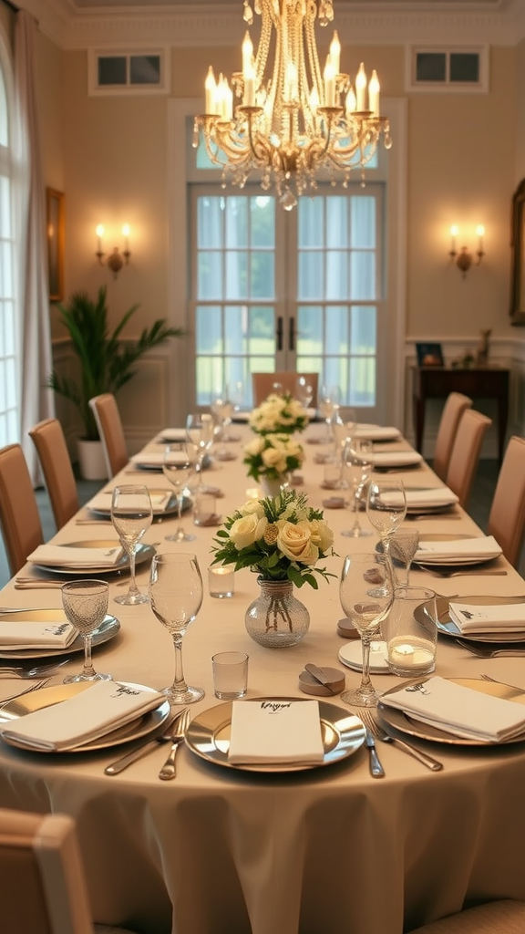 A beautifully set farmhouse dining table with elegant tableware and a floral centerpiece.