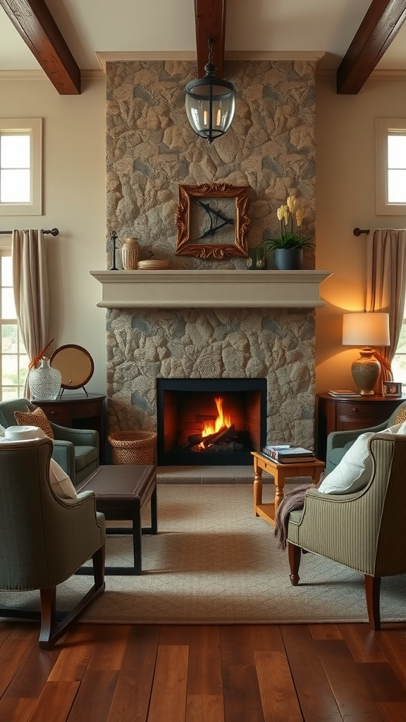 Cozy living room with a stone fireplace, wooden beams, and comfortable seating