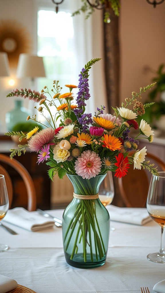 A colorful floral centerpiece arrangement in a blue vase on a dining table.