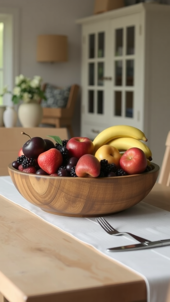 A wooden bowl filled with assorted fresh fruits including apples, bananas, plums, and blackberries on a dining table.