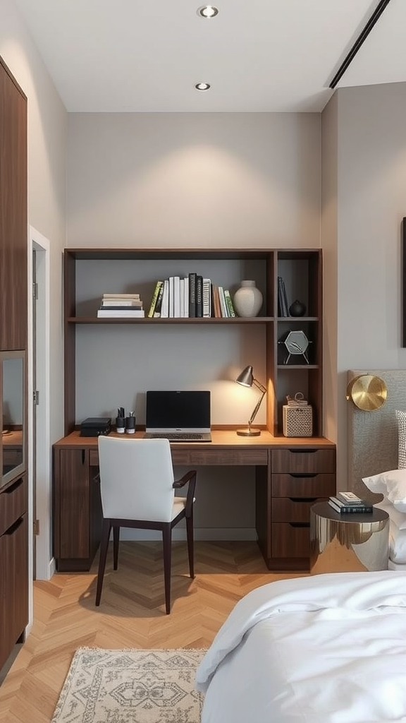 A modern workspace in a cozy bedroom featuring a wooden desk with a computer, set against a light wall with books and decor.