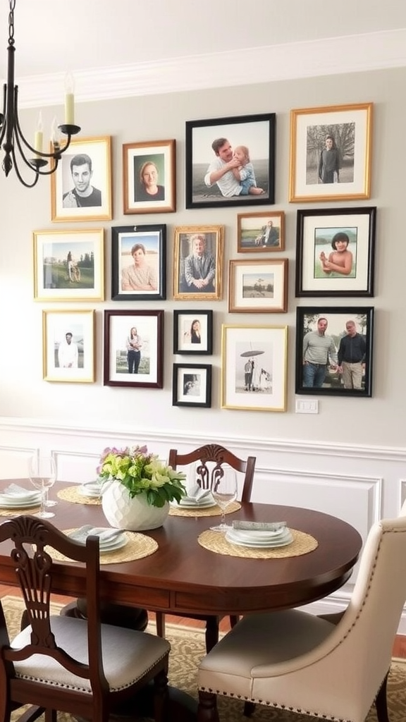 Gallery wall with various family photos above a dining table