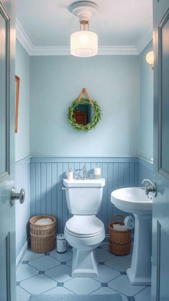 A serene bathroom featuring gentle blue walls, a white toilet, and a simple sink, complemented by woven baskets and a green wreath.