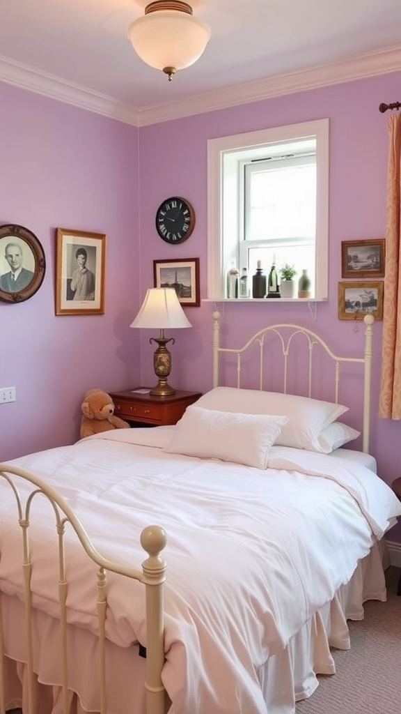 A cozy bedroom with lavender walls, a white bed, and vintage decor.