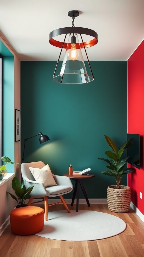 A geometric modern reading nook featuring a pendant light, teal and red walls, a cozy armchair, side table, orange pouf, and plants.