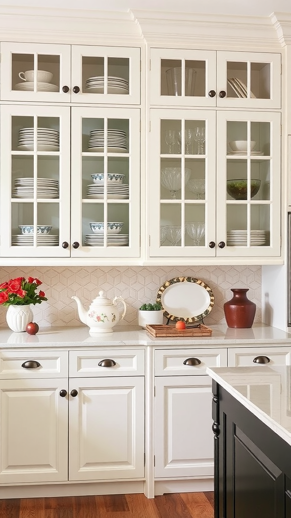 A kitchen with glass-front cabinets displaying various dishes and decorative items.