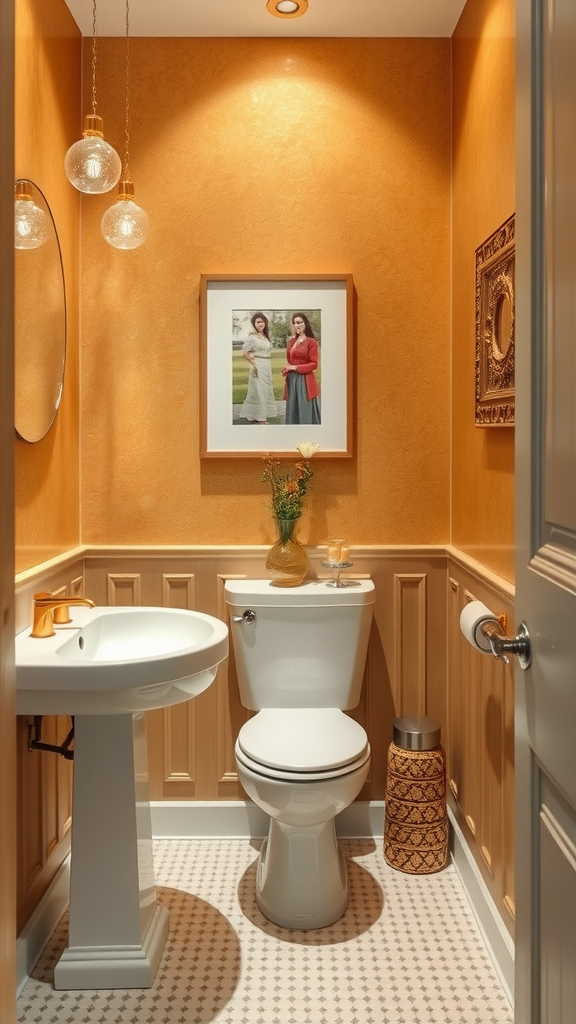 Cozy bathroom with golden honey walls and stylish decor