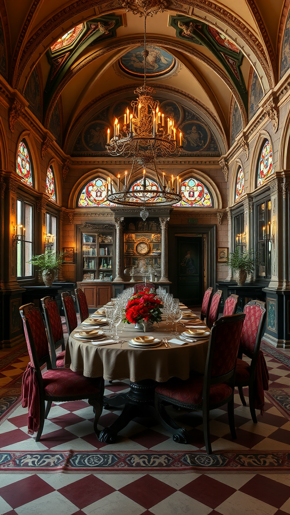 Elegant dining room featuring Gothic Revival elements with stained glass windows and ornate chandelier