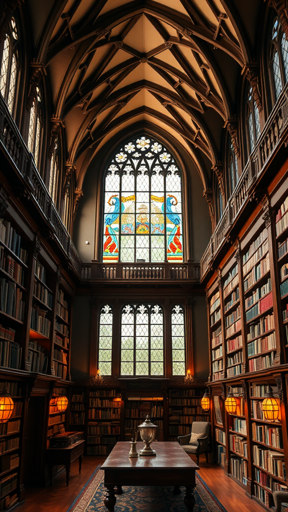 Gothic Revival library with high vaulted ceiling, stained glass window, and bookshelves