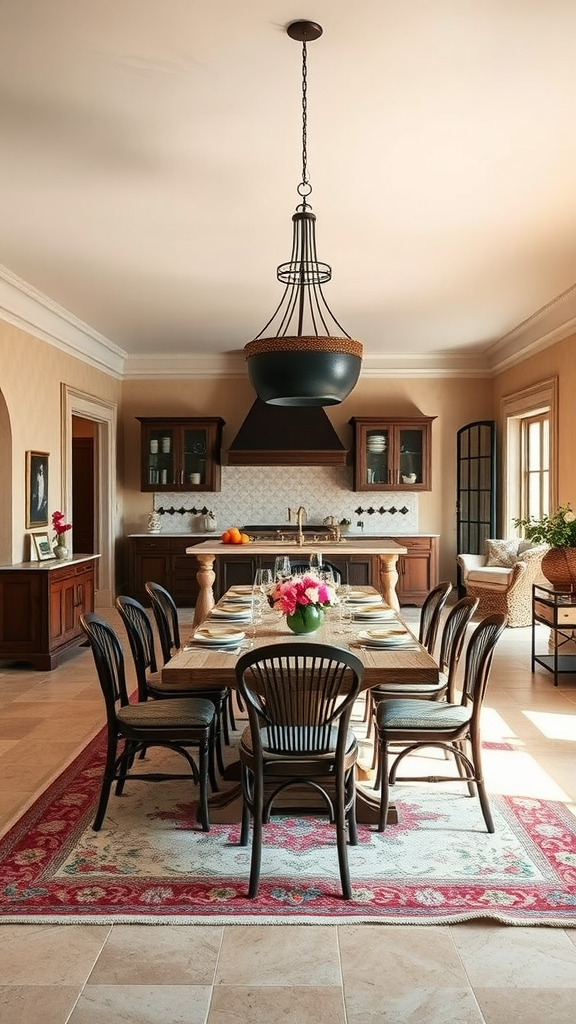 Gourmet kitchen and dining area featuring a wooden dining table, black chairs, and stylish lighting.