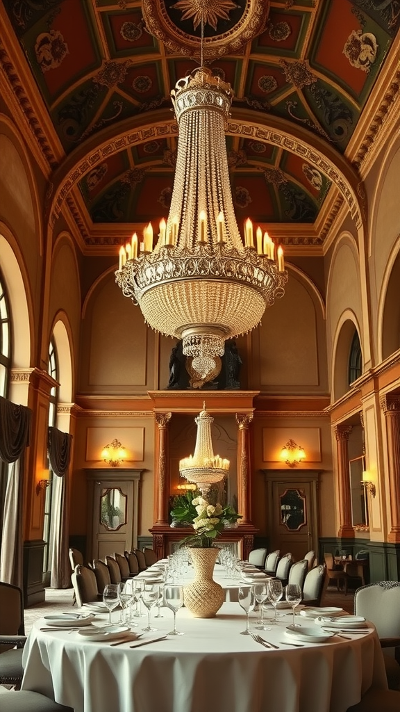 An elegant dining room featuring a grand chandelier and high ceilings with intricate designs.