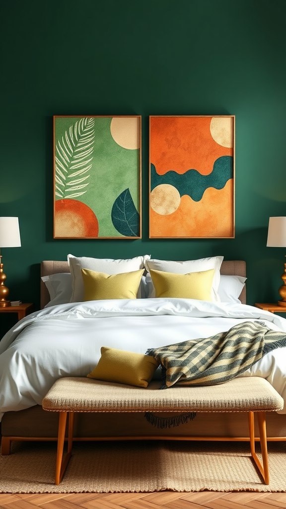 A cozy bedroom featuring green walls, terracotta artwork, and industrial wood furniture.