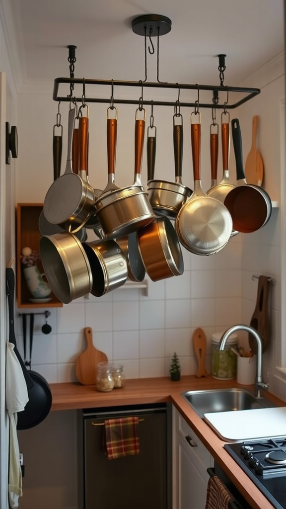 Hanging pots and pans in a cozy kitchen setting