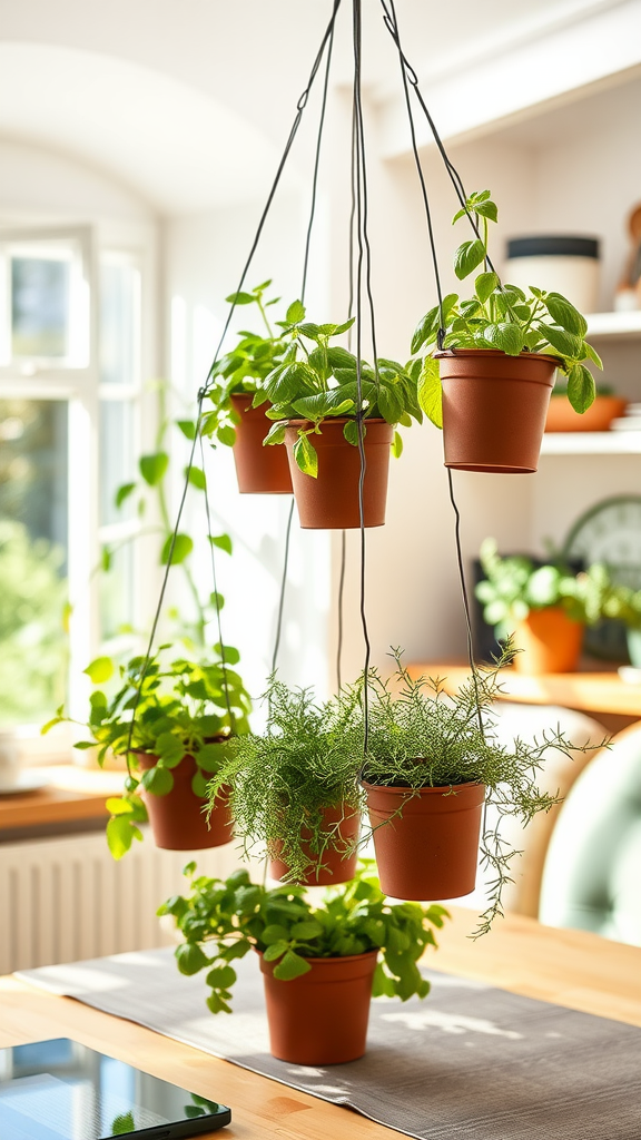 A hanging herb garden with several terracotta pots filled with green plants, arranged in a bright room.