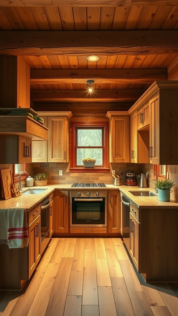 A cozy kitchen featuring natural wood cabinets, a wooden ceiling, and a large window with plants.